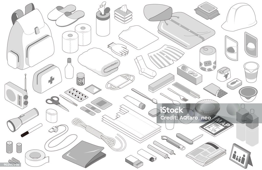 Disaster prevention goods, isolated on white background. Icons Earthquake stock vector