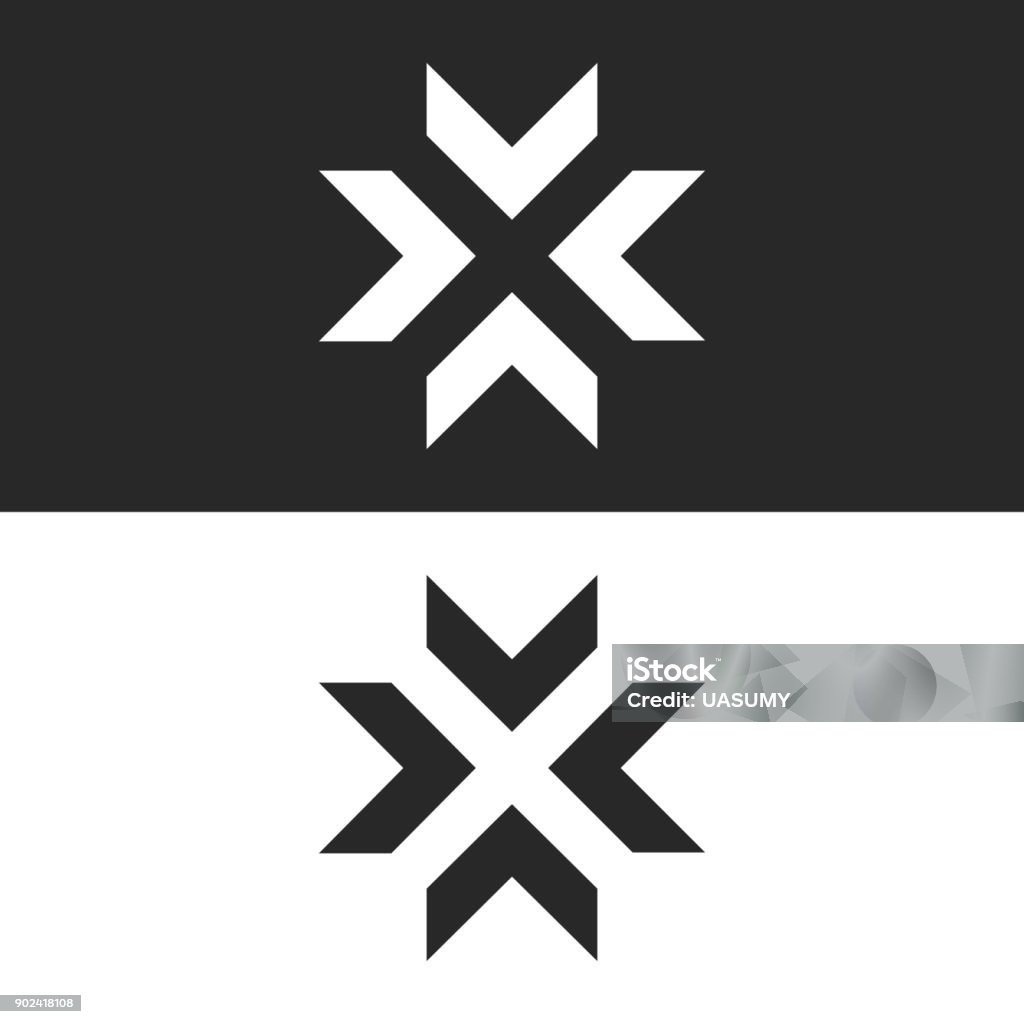 Converge arrows  mockup, letter X shape black and white graphic concept, intersection 4 directions in center crossroad creative resize icon Logo stock vector