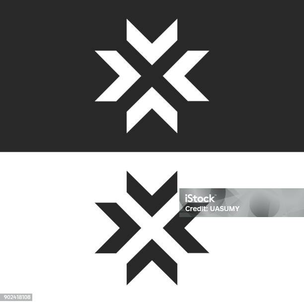 Converge Arrows Mockup Letter X Shape Black And White Graphic Concept Intersection 4 Directions In Center Crossroad Creative Resize Icon Stock Illustration - Download Image Now