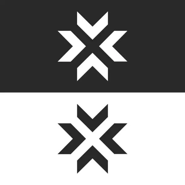 Vector illustration of Converge arrows  mockup, letter X shape black and white graphic concept, intersection 4 directions in center crossroad creative resize icon