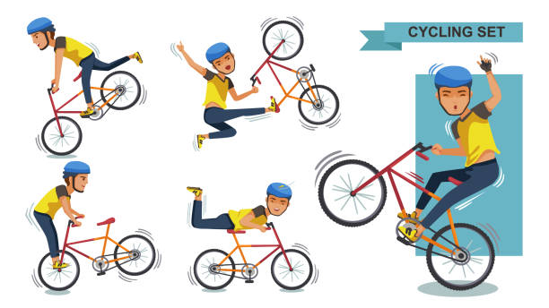 Stunt bike Cycling man set. Stunt bike cartoon characters of male. exercise, motion, Healthy and Challenging Teens Concept.  Vector  illustration. isolated on white background riveting stock illustrations