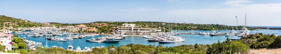 Panoramic view of Porto Cervo marina, a famous tourist resort at Sardinia island, Italy