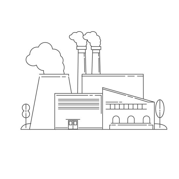 ilustrações de stock, clip art, desenhos animados e ícones de icon with the plant industrial factory in flat line art vector.plant or factory building.manufacturing factory building. industrial building concept. - factory line