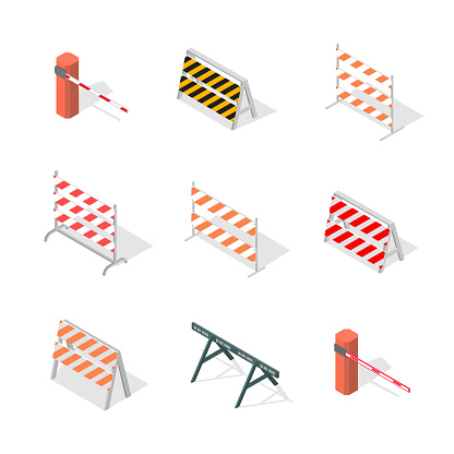 Set of different road traffic barriers, isolated on a white background. Under construction design elements. Flat 3D isometric style, vector illustration.