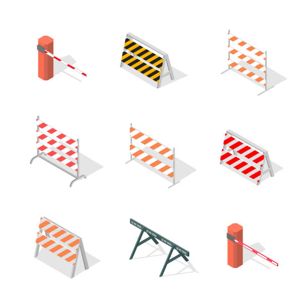 Road traffic barrier isometric, vector illustration. Set of different road traffic barriers, isolated on a white background. Under construction design elements. Flat 3D isometric style, vector illustration. barricade stock illustrations
