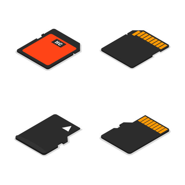 ilustraciones, imágenes clip art, dibujos animados e iconos de stock de conjunto de tarjetas de memoria isométrica 3d, ilustración del vector. - memory card memories technology data