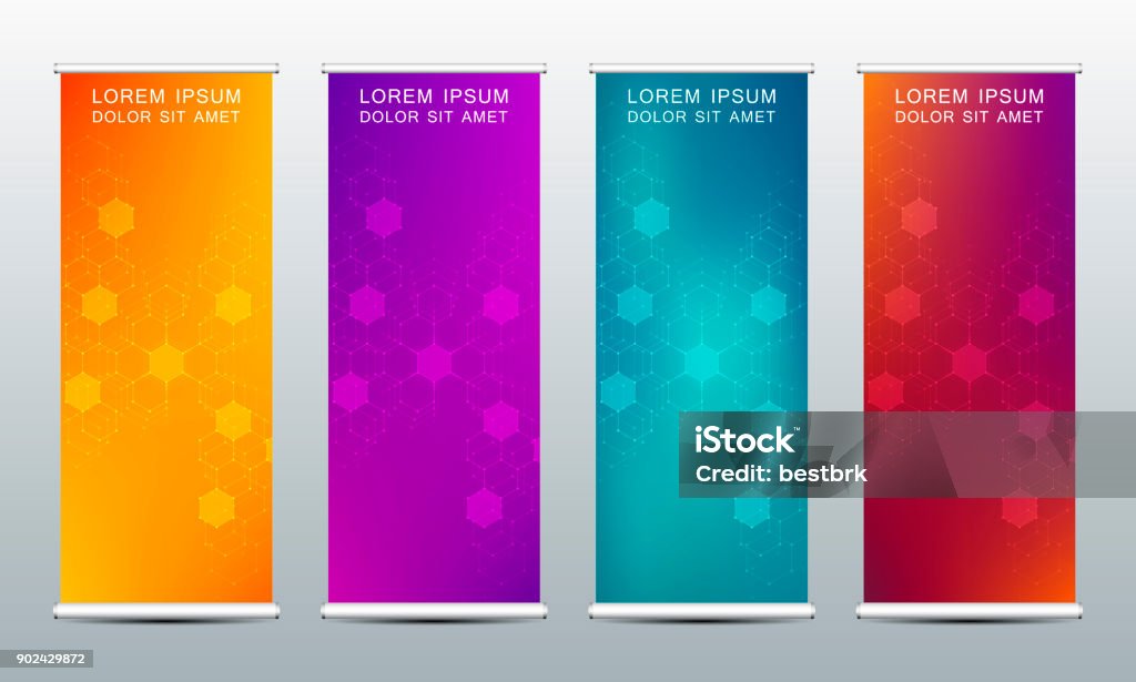 Abstract roll up banner for presentation and publication. Scientific, technological and medical template. Molecule structure background, vector illustration Vertical stock vector