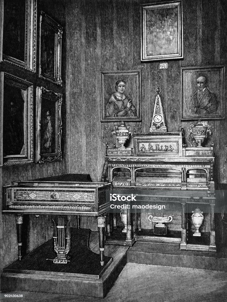 Victorian living room interior - 1896 Black And White stock illustration