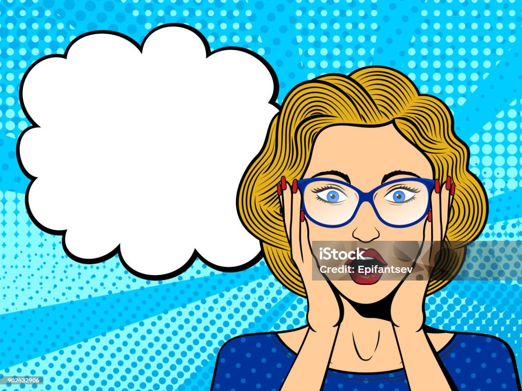 Pop art surprised female face with open mouth. Pop art surprised female face with open mouth. Comic blonde woman in glasses with speech bubble. Retro dotted background. Stock vector illustration. Pop Art stock vector