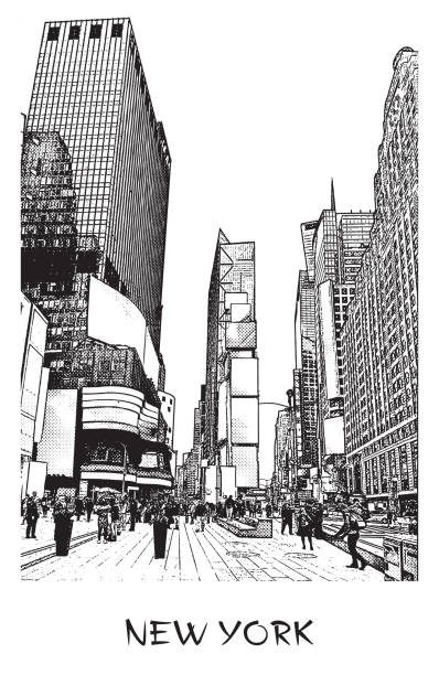 ilustraciones, imágenes clip art, dibujos animados e iconos de stock de ciudad de nueva york, times square. vector de dibujo de una calle en el centro de estilo de grabado. - times square