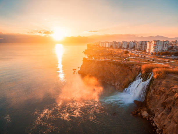 aerial photo of duden waterfall in antalya - província de antália imagens e fotografias de stock