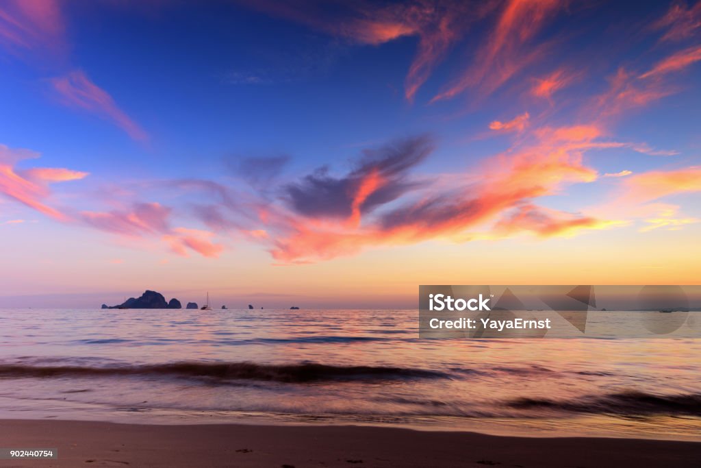 Beautiful Sunset Sky at Ao Nang Beach, Krabi, South of Thailand Andaman Sea Stock Photo