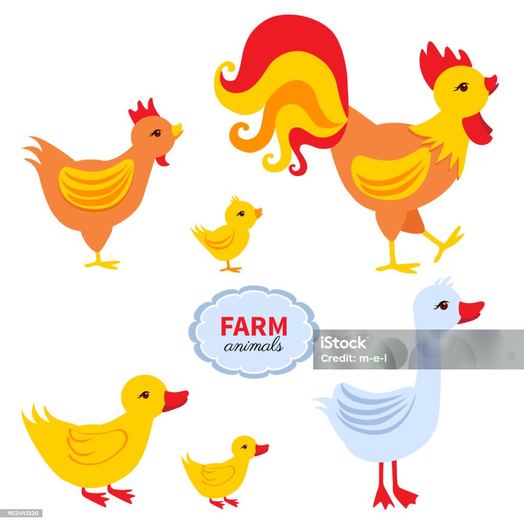 Cartoon cute farmer animals, rooster, chick, chicken, duck, goose isolated on white background, domestic funny birds set, Character design for greeting card, children invite, creation of alphabet Agriculture stock vector