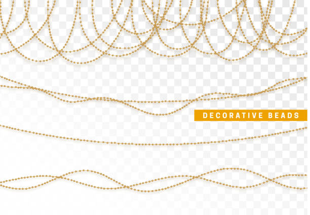 ilustraciones, imágenes clip art, dibujos animados e iconos de stock de cadena cuentas realistas aisladas. grano de oro elemento de diseño decorativo - necklace jewelry bead isolated