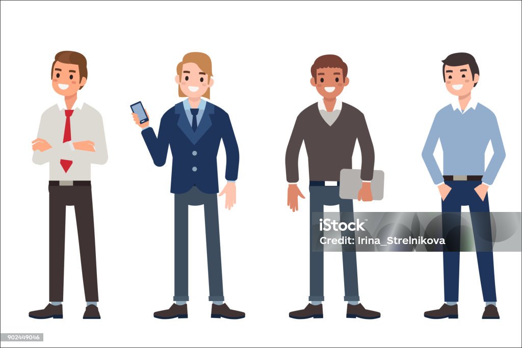 men Multinational men wearing office clothes. Dress code concept. Flat style vector illustration isolated on white background. Men stock vector