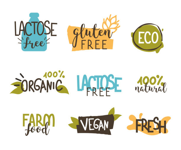 food badges Food badges collection.  Gluten and lactose free, healthy and vegan food labels.  Hand drawn vector illustration. gluten free stock illustrations