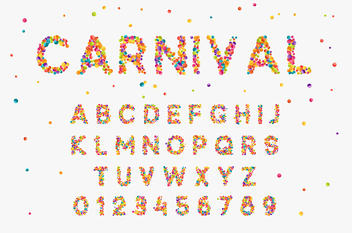 Font set with letters from multi-colored round confetti.
