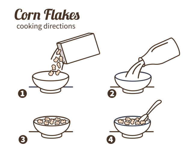 illustrazioni stock, clip art, cartoni animati e icone di tendenza di corn flakes istruzione - oatmeal porridge bowl spoon