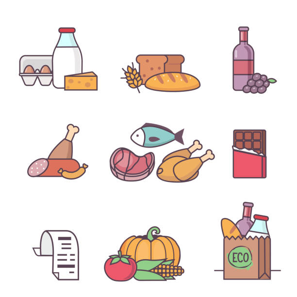 ilustraciones, imágenes clip art, dibujos animados e iconos de stock de de compra de comestibles - milk bread