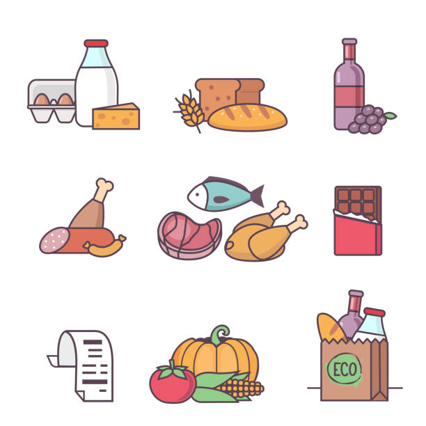 illustrations, cliparts, dessins animés et icônes de service d'achat de denrées alimentaires - milk bread
