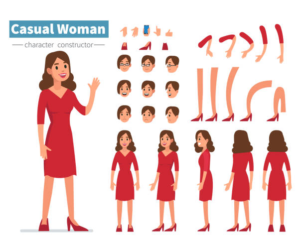 casual woman Casual woman character constructor for animation. Flat style vector illustration isolated on white background. dress illustrations stock illustrations