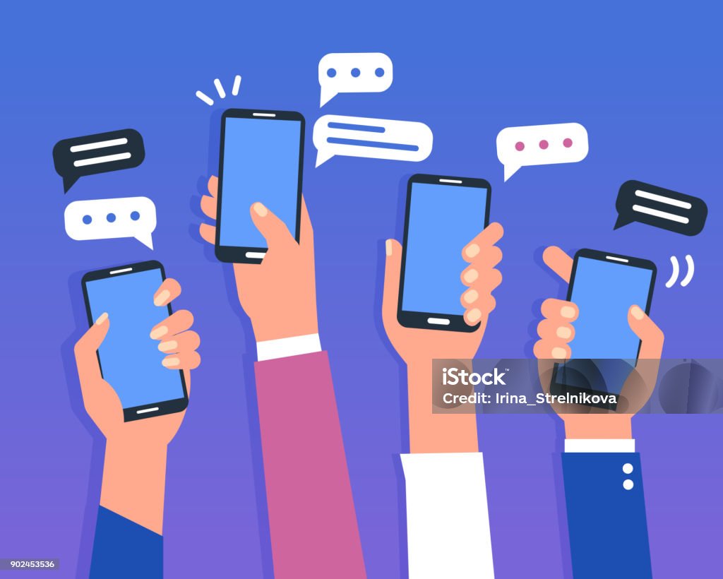 smartphones Hands holding smartphones. Social media chat concept. Flat style vector illustration. Text Messaging stock vector