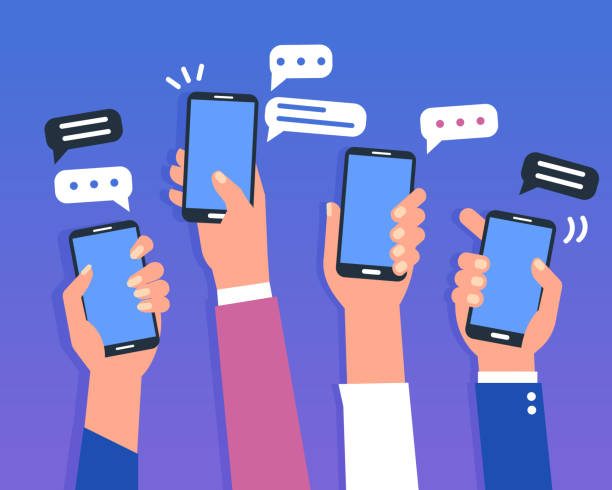 smartphones Hands holding smartphones. Social media chat concept. Flat style vector illustration. text messaging stock illustrations