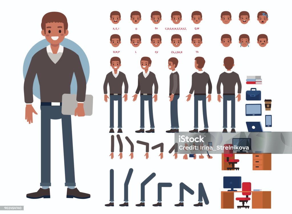 african business man Business man character constructor and office objects for animation.  Set of various men's poses, faces, mouth, hands, legs. Flat style vector illustration isolated on white background. Characters stock vector