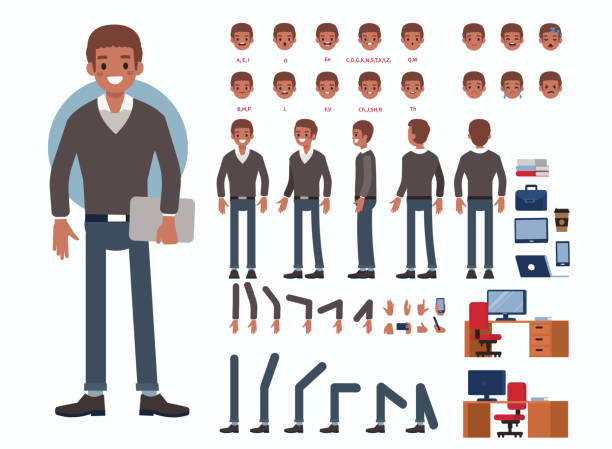 african business man Business man character constructor and office objects for animation.  Set of various men's poses, faces, mouth, hands, legs. Flat style vector illustration isolated on white background. construction workers stock illustrations