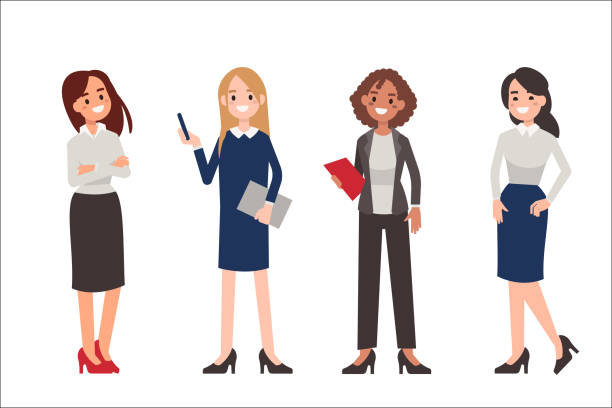women Multinational women wearing office clothes. Dress code concept. Flat style vector illustration isolated on white background. secretary stock illustrations