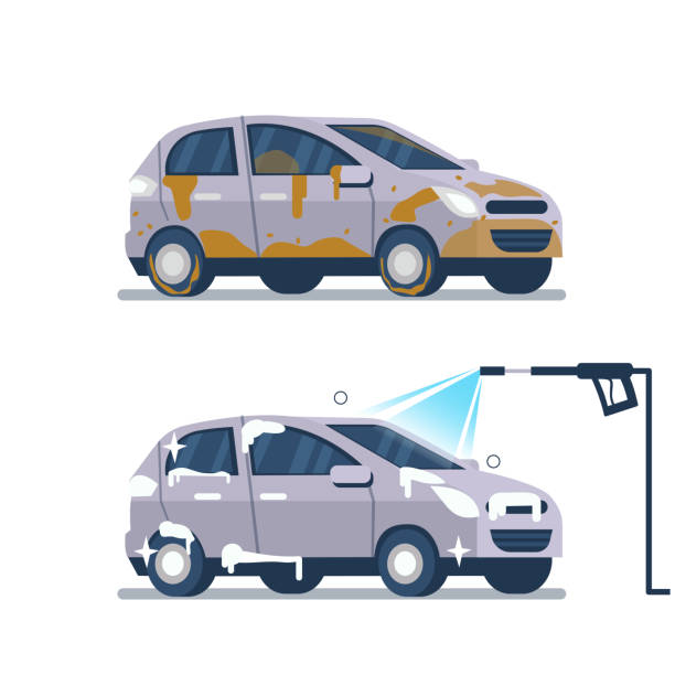car wash Car wash service concept.  Vehicle before and after cleaning. Flat style vector illustration isolated on white background. beat up car stock illustrations