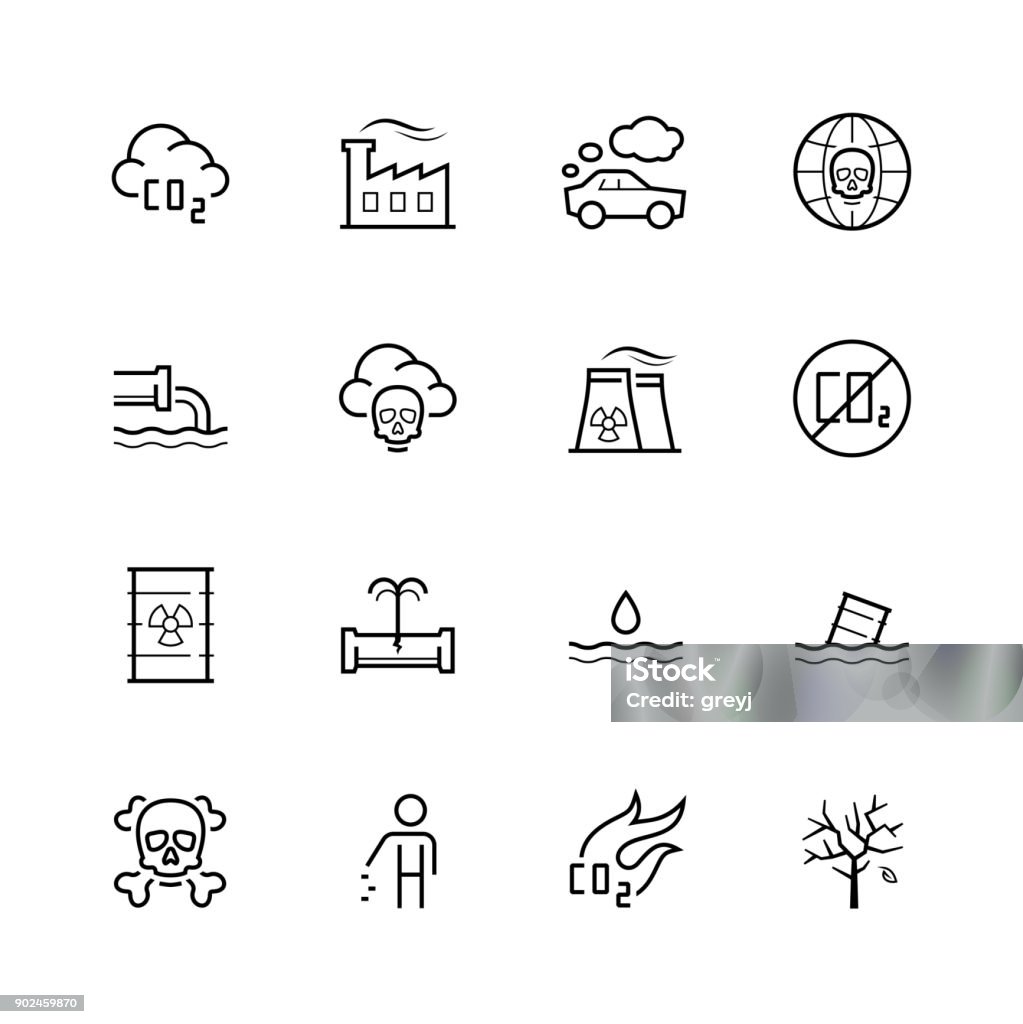 Vector pollution icon set in thin line style Icon Symbol stock vector