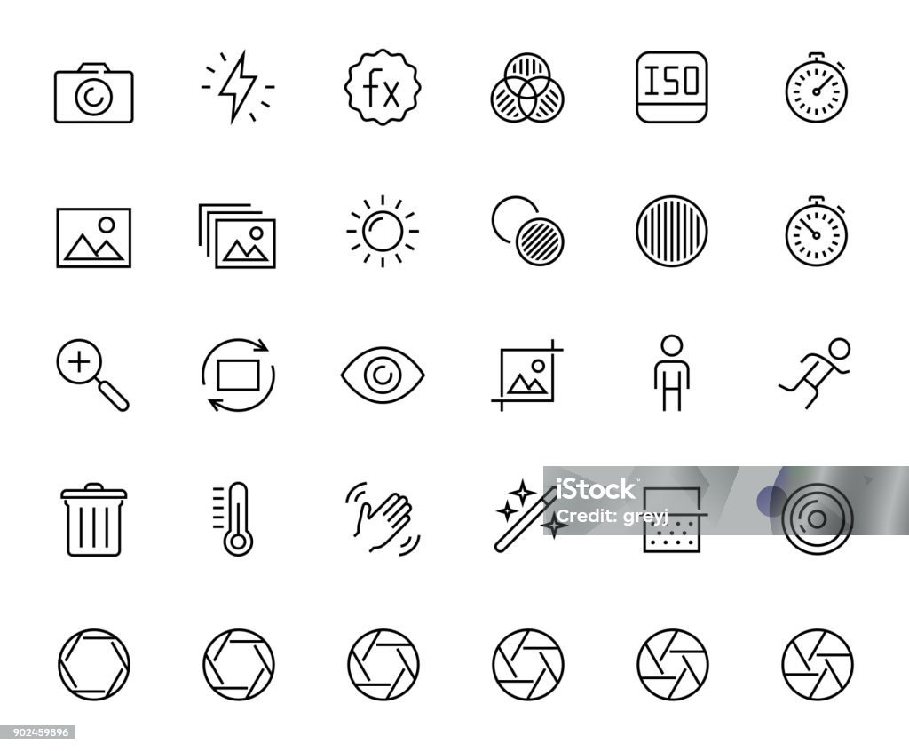 Photography and digital camera related vector icon set in thin line style Icon Symbol stock vector