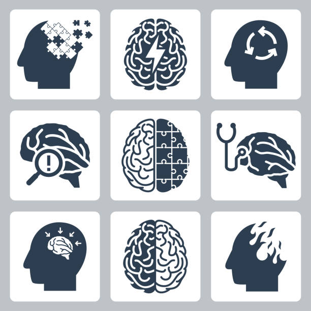 Brain degenerative deseases, memory loss related icon set Brain degenerative deseases, memory loss related icon set alzheimer's disease stock illustrations