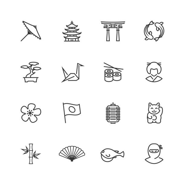 значок вектора японской темы, установленный в стиле тонкой линии - pagoda stock illustrations