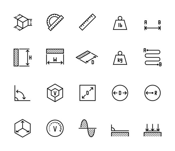 Measuring related vector icon set in thin line style Measuring related vector icon set in thin line style volume unit meter stock illustrations