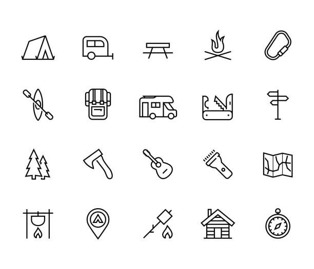 Camping vector icon set in thin line style Camping vector icon set in thin line style trailer home stock illustrations