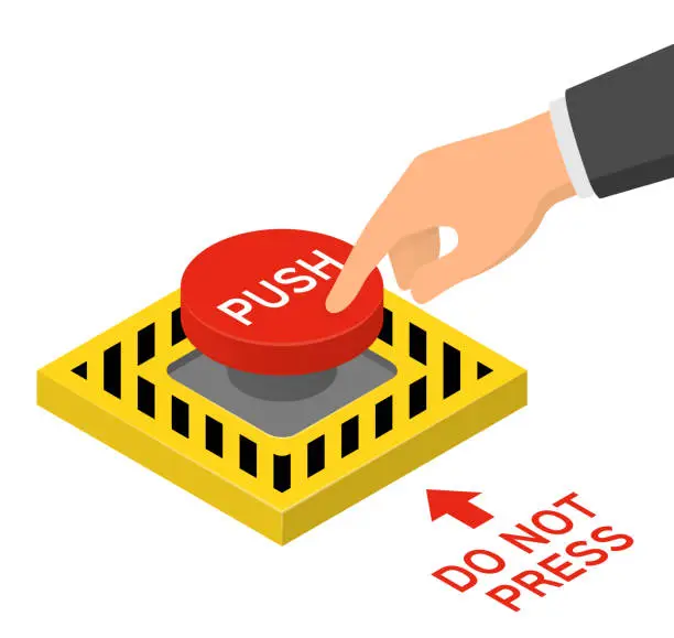 Vector illustration of Hand pressing red emergency button. Isometric vector illustration