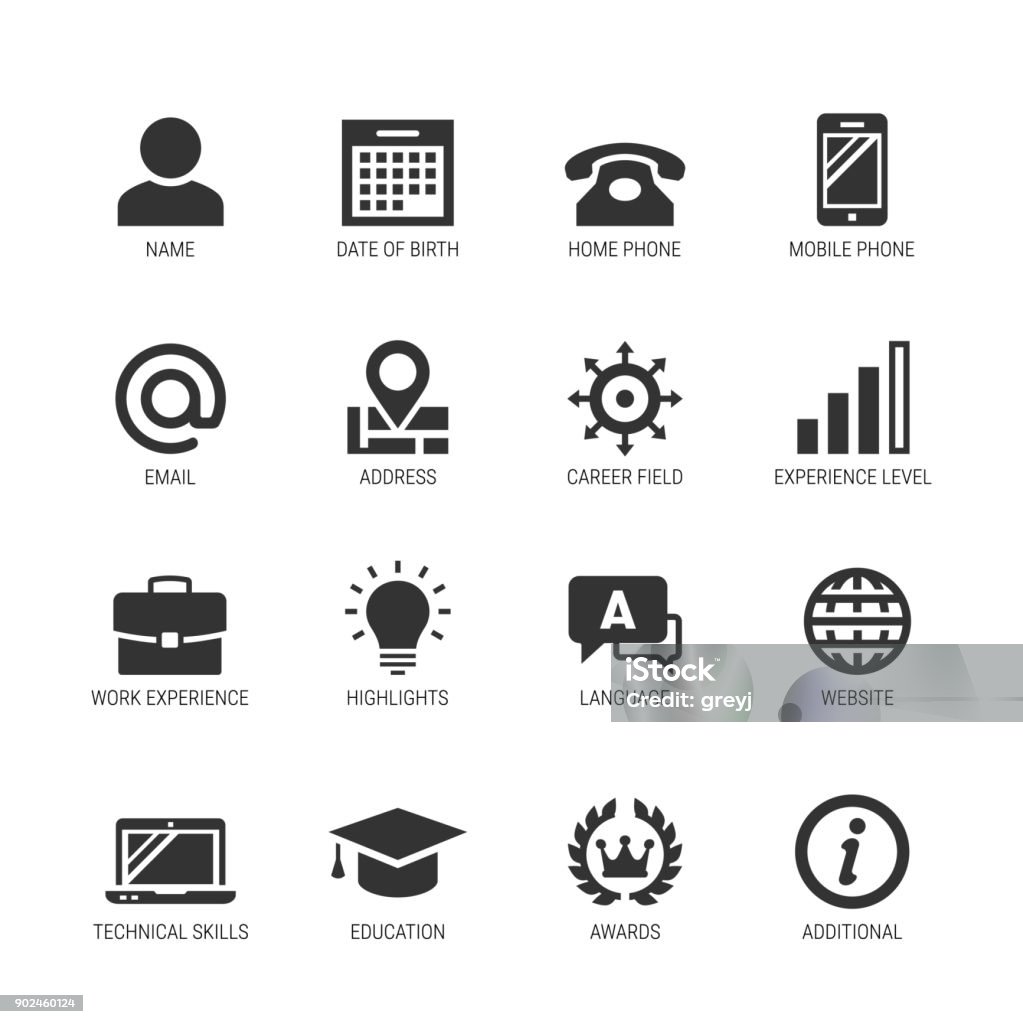 Resume or curriculum vitae related vector icon set Icon Symbol stock vector