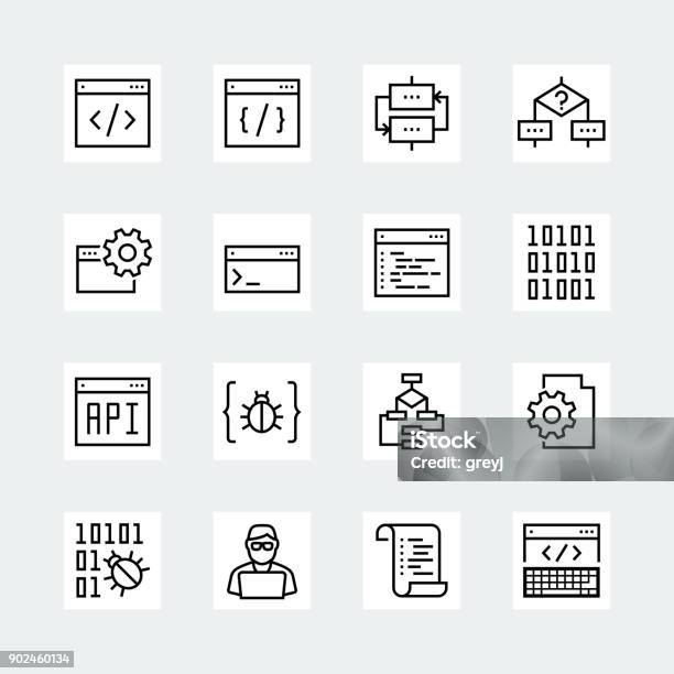 Programming And Coding Vector Icon Set In Thin Line Style Stock Illustration - Download Image Now