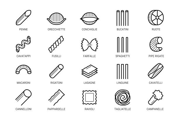 nudeln vektor icon set in dünne linienstil - pasta stock-grafiken, -clipart, -cartoons und -symbole