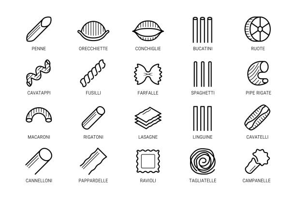 illustrazioni stock, clip art, cartoni animati e icone di tendenza di icona del vettore pasta impostata in stile linea sottile - cavatelli