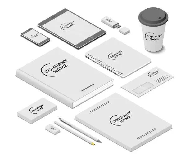 Vector illustration of Stationery and accessories mock-up with template logo. Branding design. Mobile app, flash drive, book, paper cup, writing pad, business cards, letter envelope, leaflets, pen, pencil and eraser. Isometric vector illustration