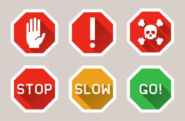 ostrzeżenie wektorowe, ikony znaków stopu w płaskim stylu z cieniem - red stop stop sign go stock illustrations