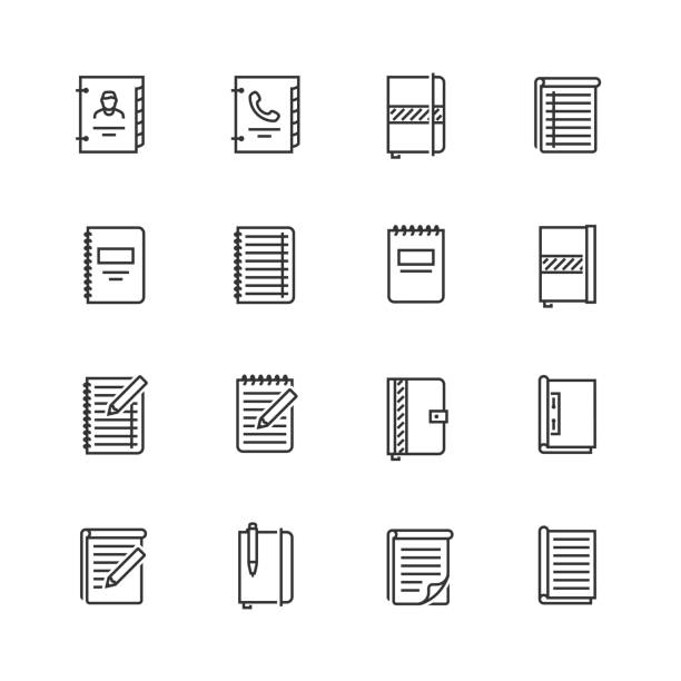 Writing pads vector icon set in thin line style Writing pads vector icon set in thin line style office parties stock illustrations