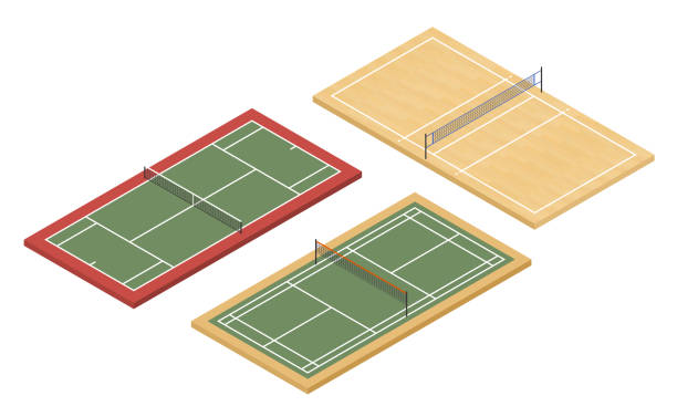 ilustraciones, imágenes clip art, dibujos animados e iconos de stock de canchas de tenis, bádminton y voleibol isométricas - tennis court tennis net indoors