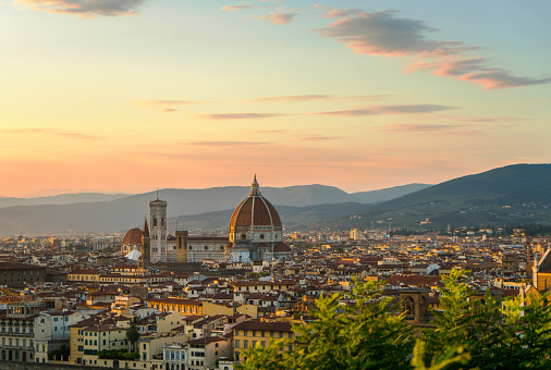 Duomo Santa Maria Del Fiore With Cityscape Against Sky at Dusk, Florence, Italy