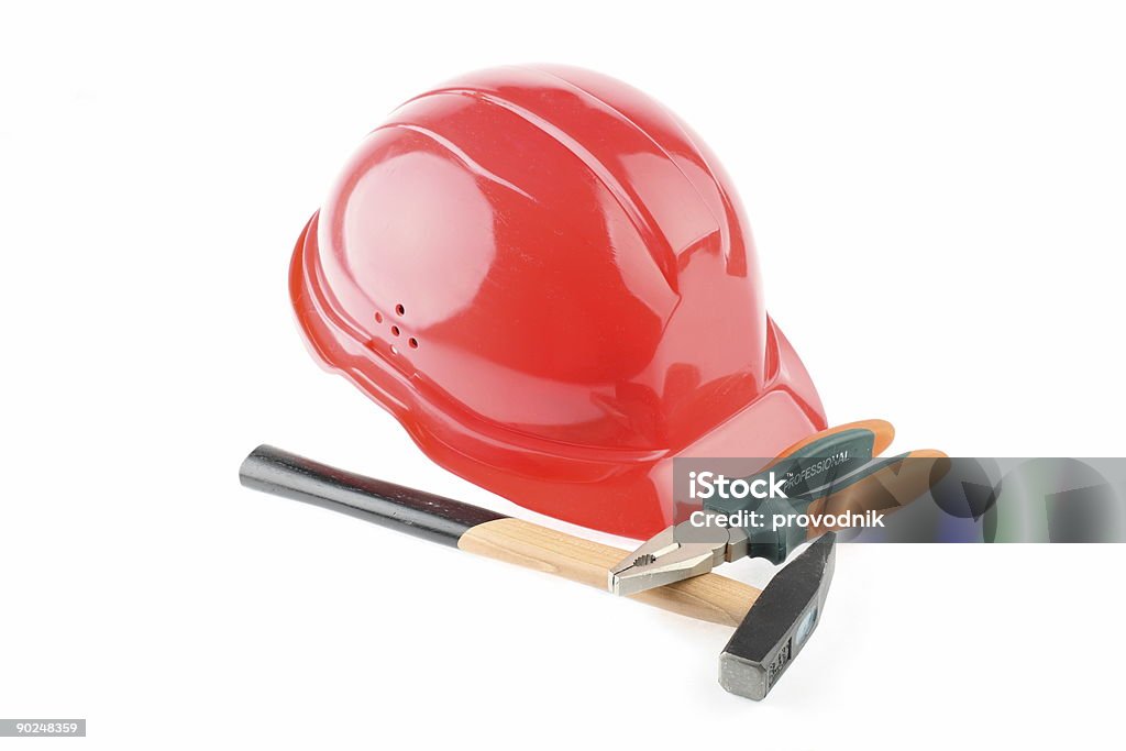 Casco rosso, martello e combinazione di pinze - Foto stock royalty-free di Architetto