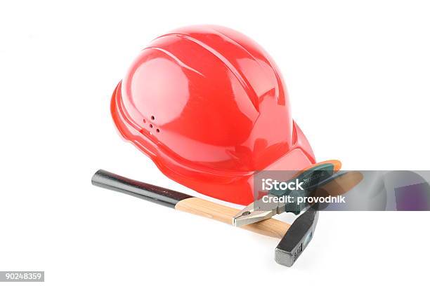 Casco Rosso Martello E Combinazione Di Pinze - Fotografie stock e altre immagini di Architetto - Architetto, Assunzione, Attrezzatura