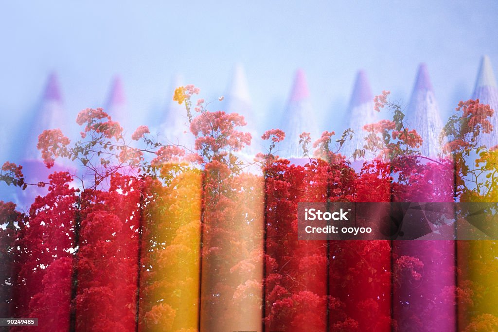 Doppelbelichtung Farbe Stifte und Blumen - Lizenzfrei Ausrüstung und Geräte Stock-Foto